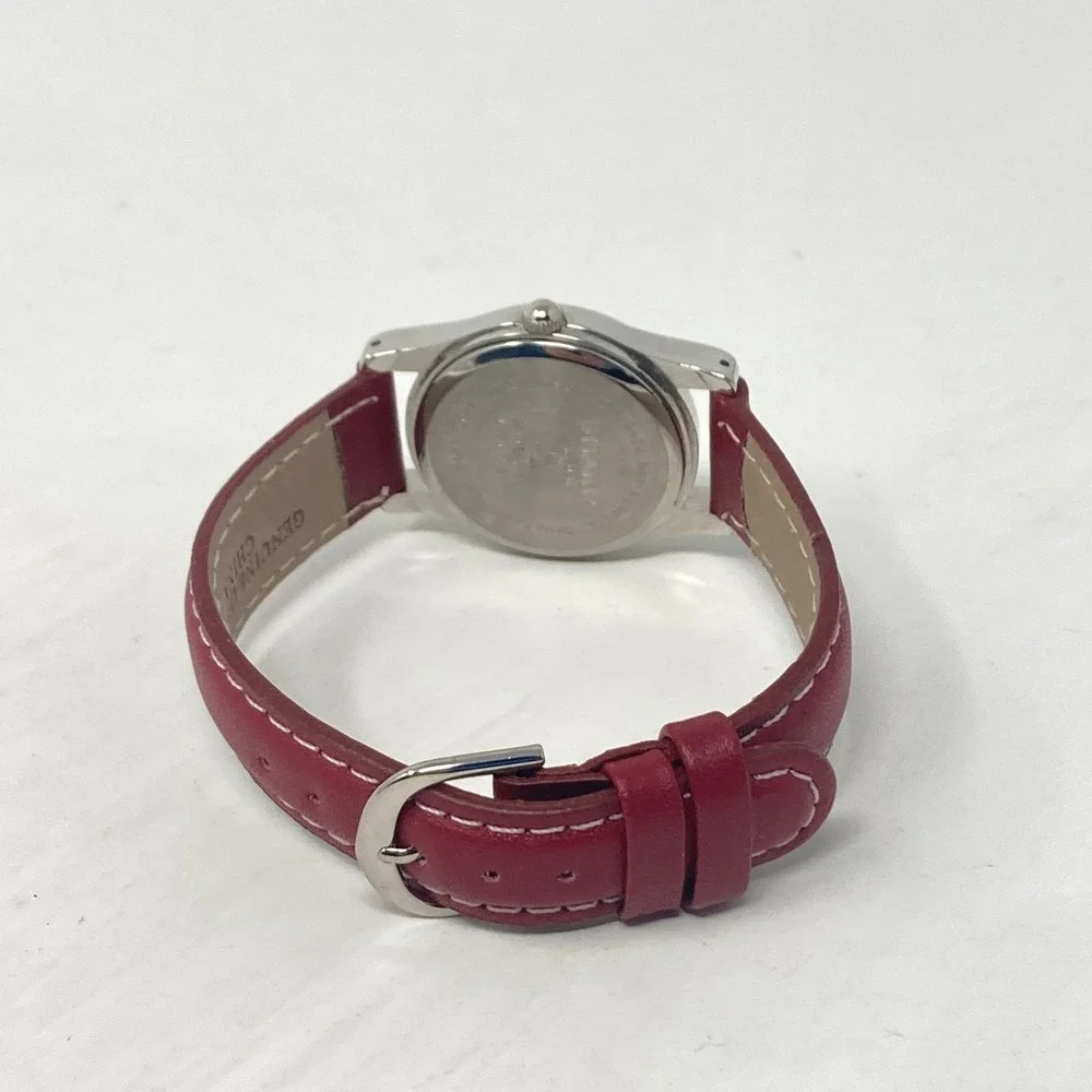 Sharp Womens Easy Reader Watch 29mm Silver Tone Date Red Leather 30M New Battery
